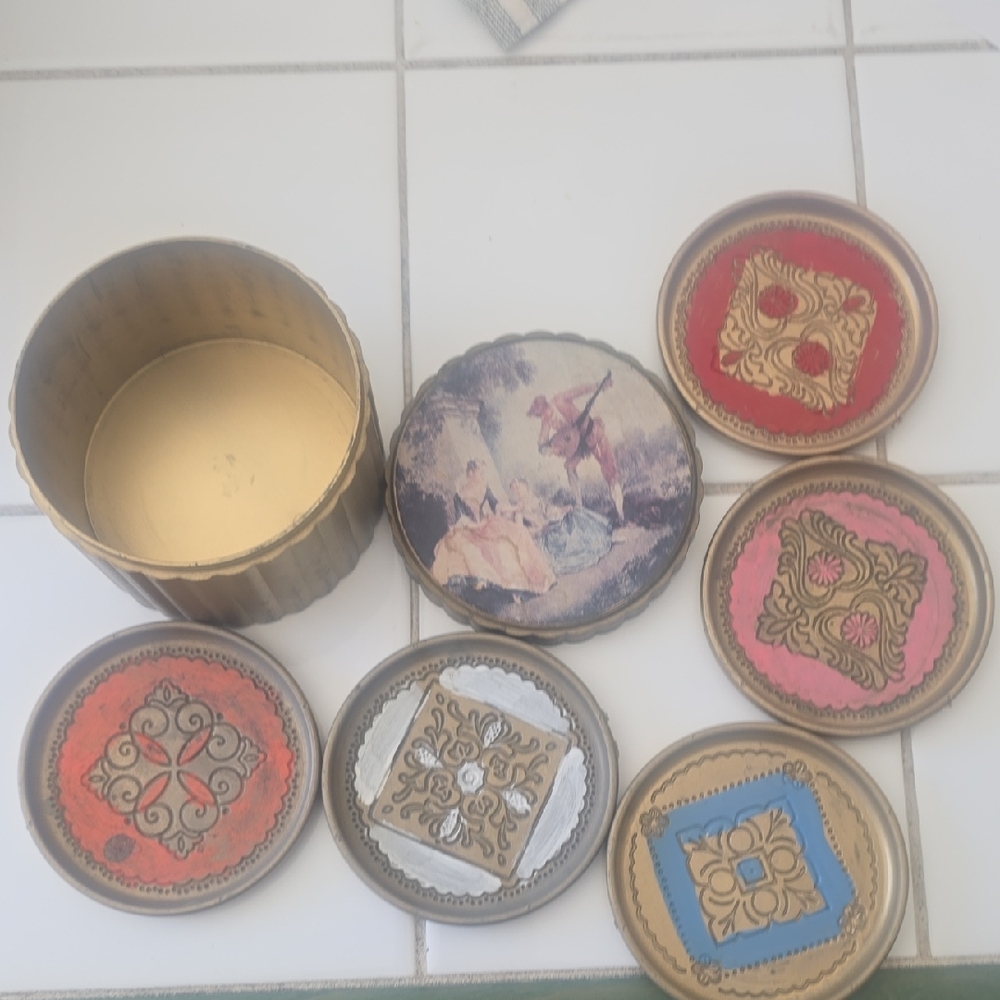 Decorative Round Tin Box Set with Assorted Coasters